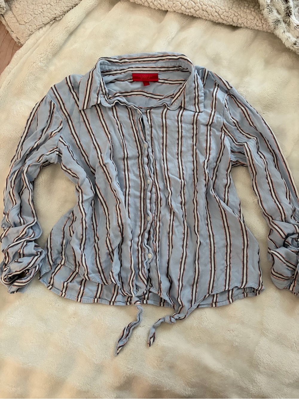 Jennifer Lopez Metallic Stripe Tie-Front Blouse ✨